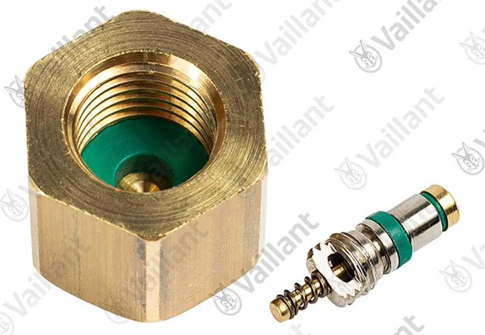 Vaillant Ventil mit einer goldenen Metallaufnahme und einem angeschlossenen Stift, der grüne Dichtungen aufweist.